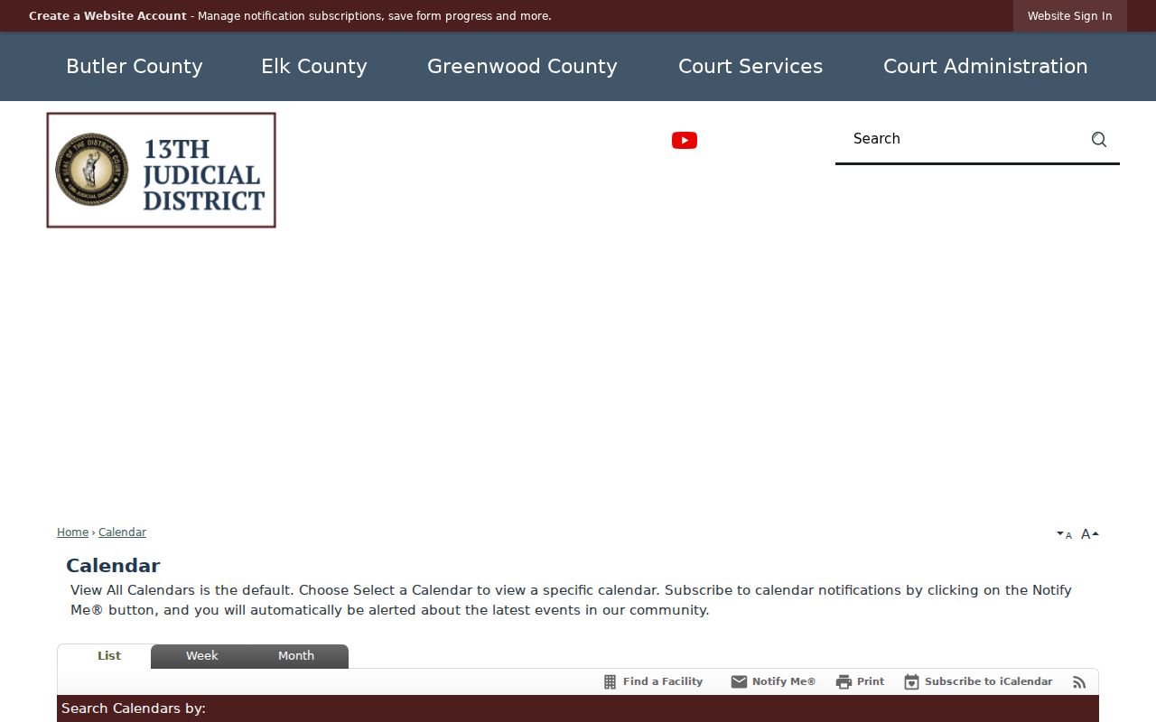 13th Judicial District calendar controls for Elk County court dates