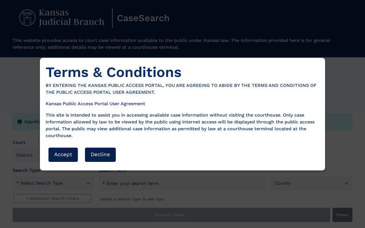 Kansas CaseSearch fields for an Elk County case search