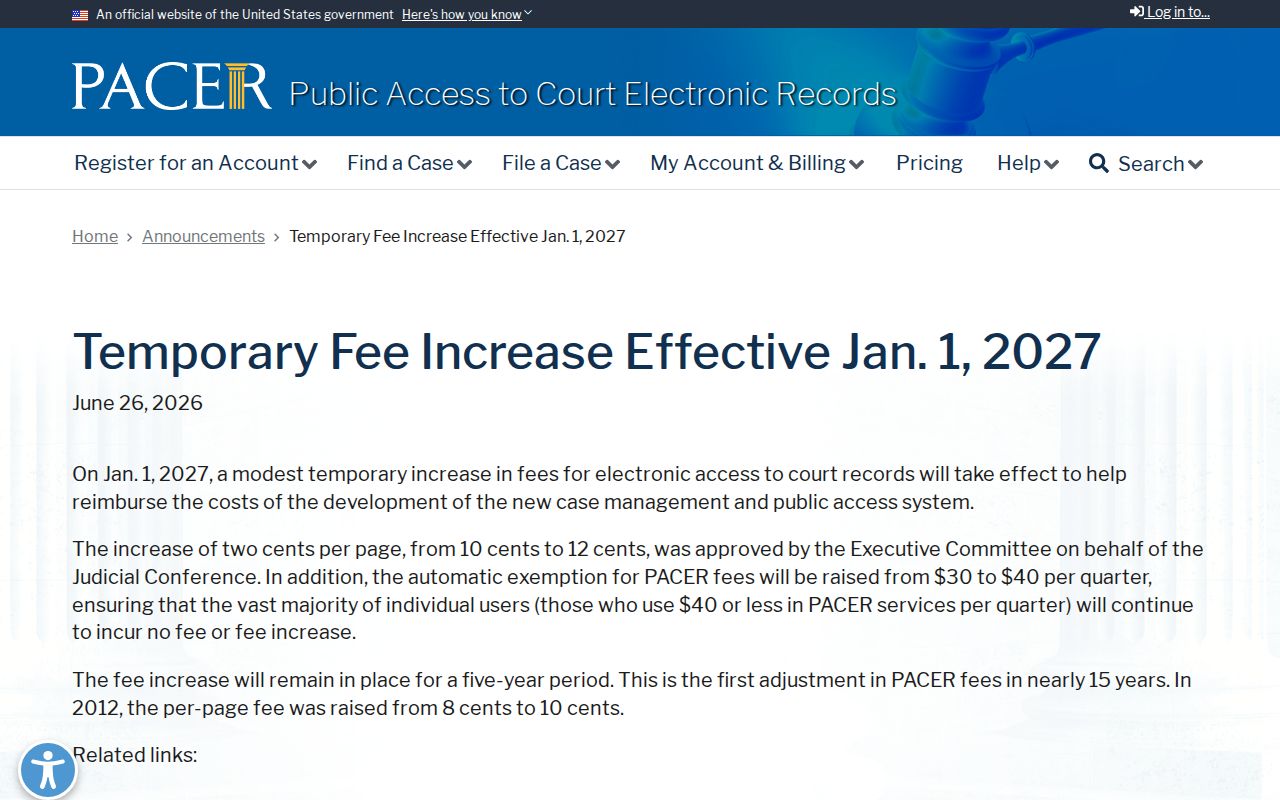 Elk County civil docket federal PACER fee announcement